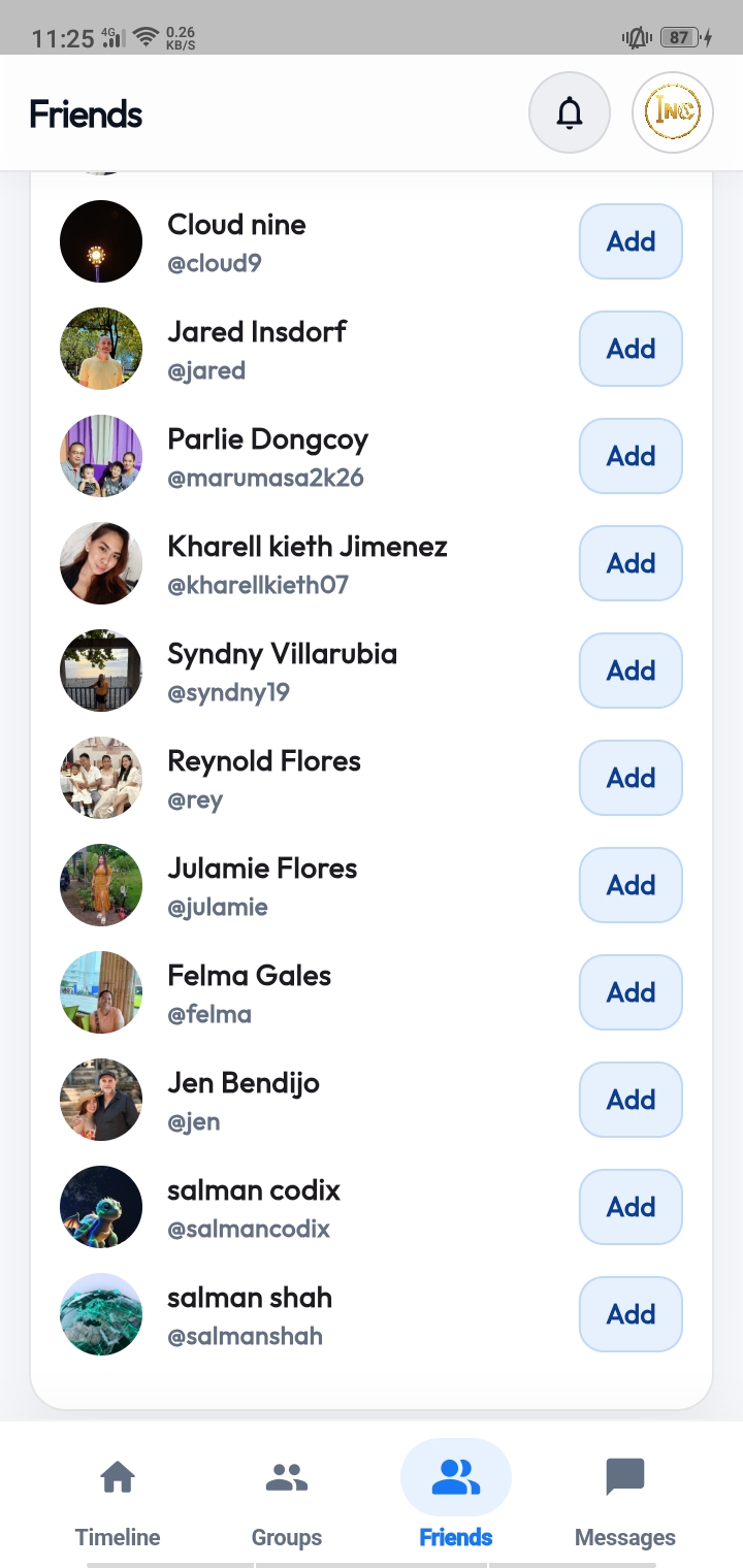 MyINC Social friends and connections screen