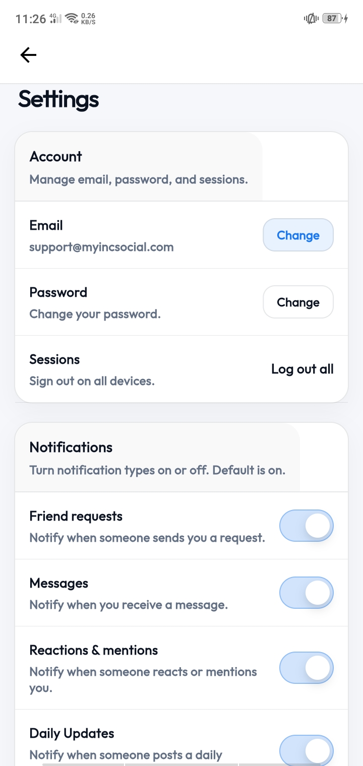 MyINC Social account settings screen