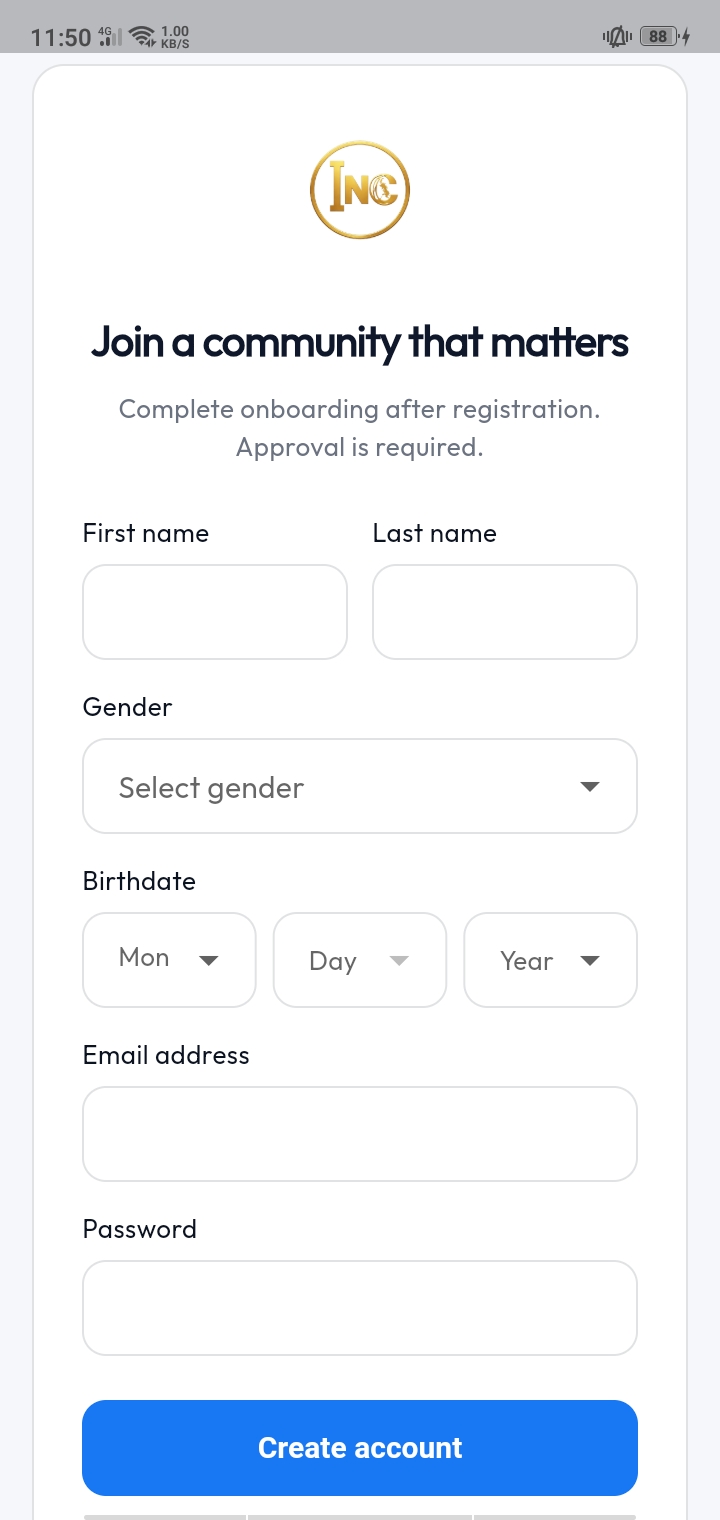 MyINC Social account creation screen