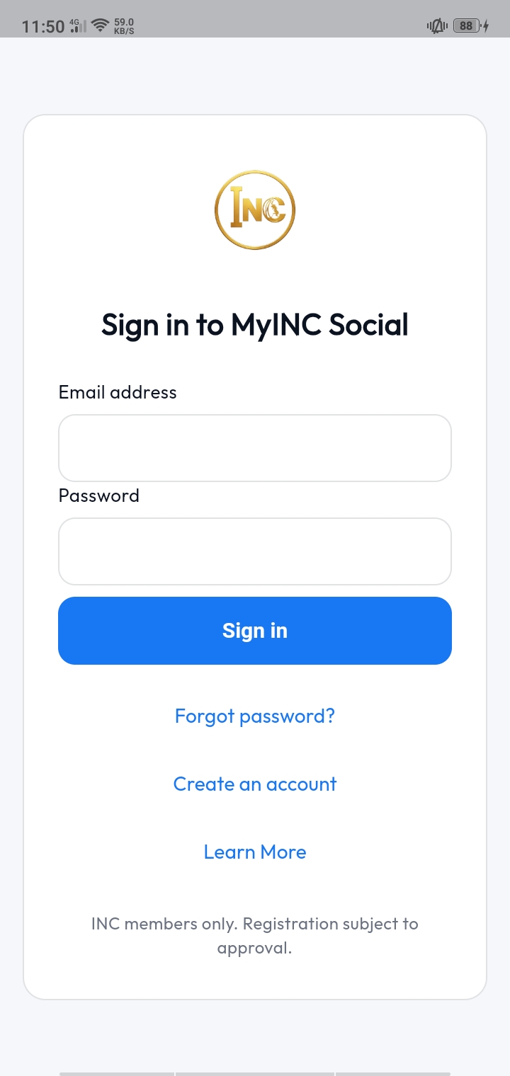 MyINC Social sign in preview