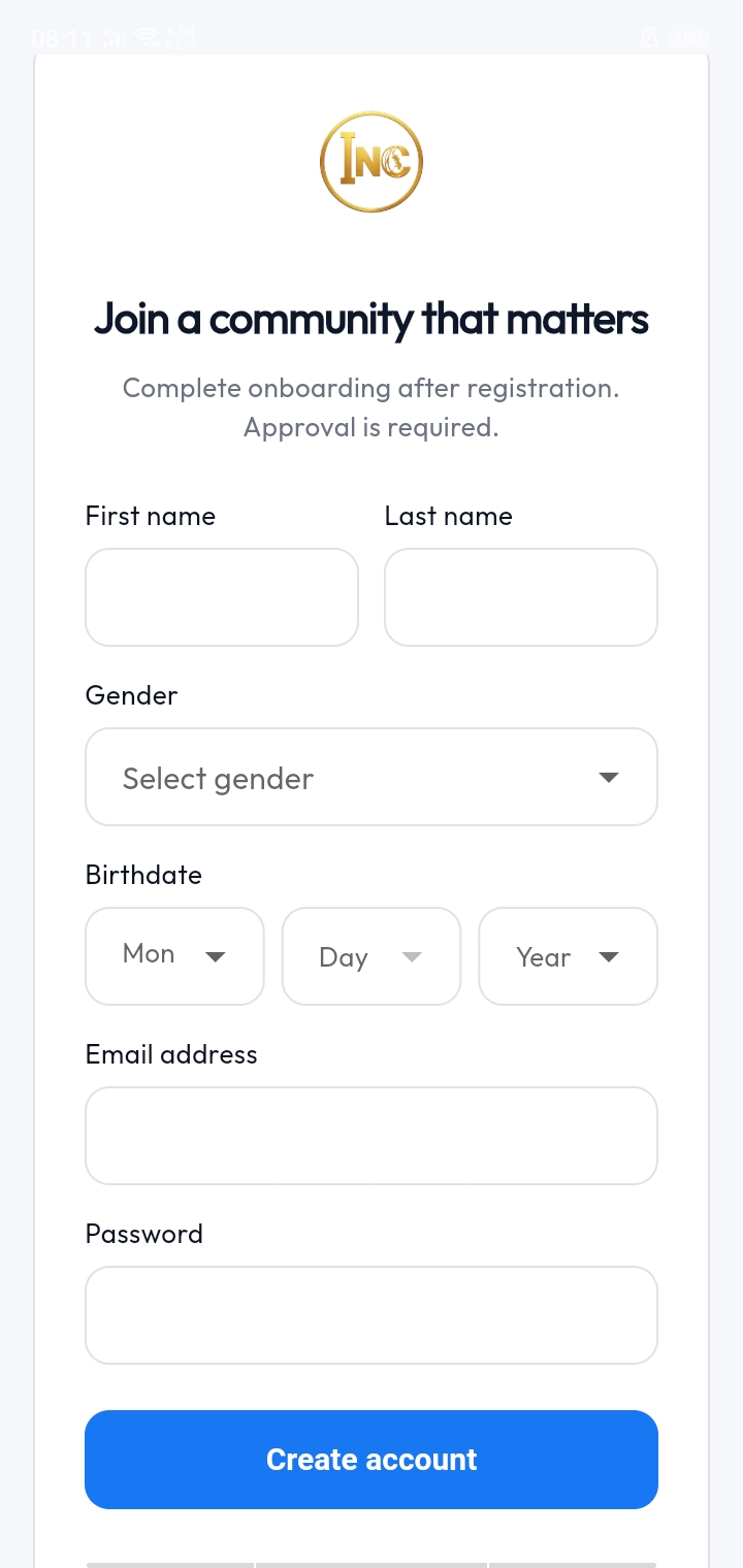 MyINC Social create account screen