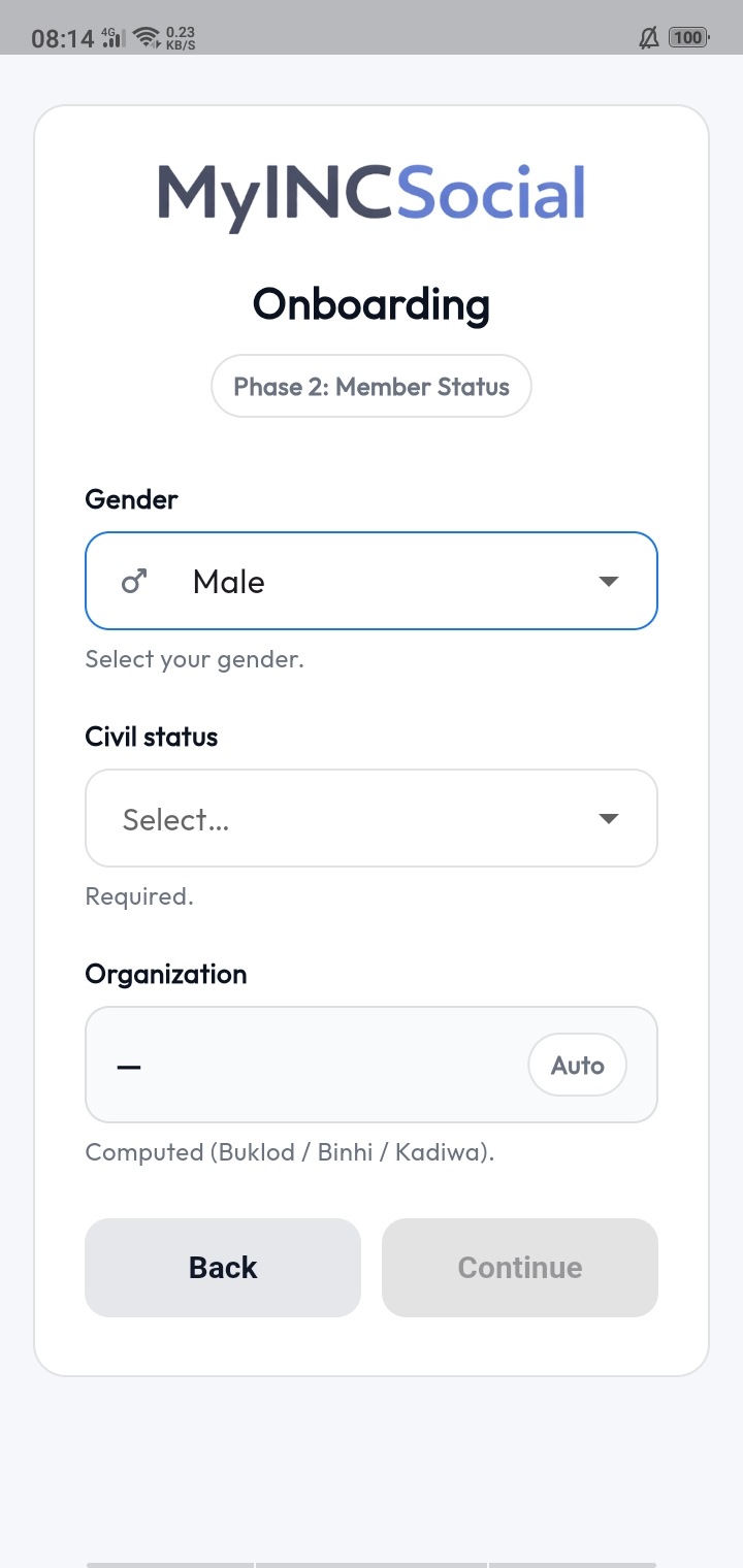 MyINC Social onboarding step 2 - civil status