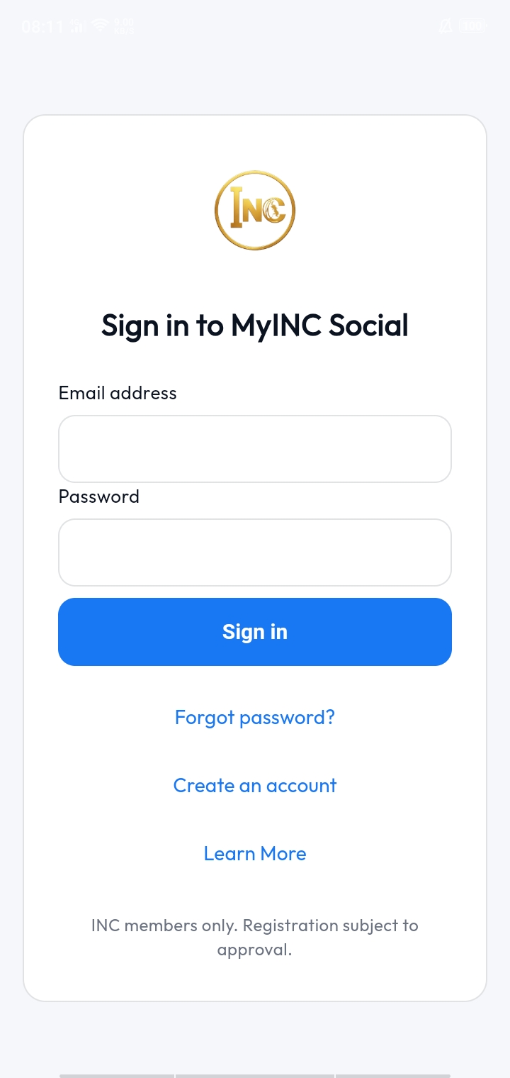 MyINC Social sign-in screen